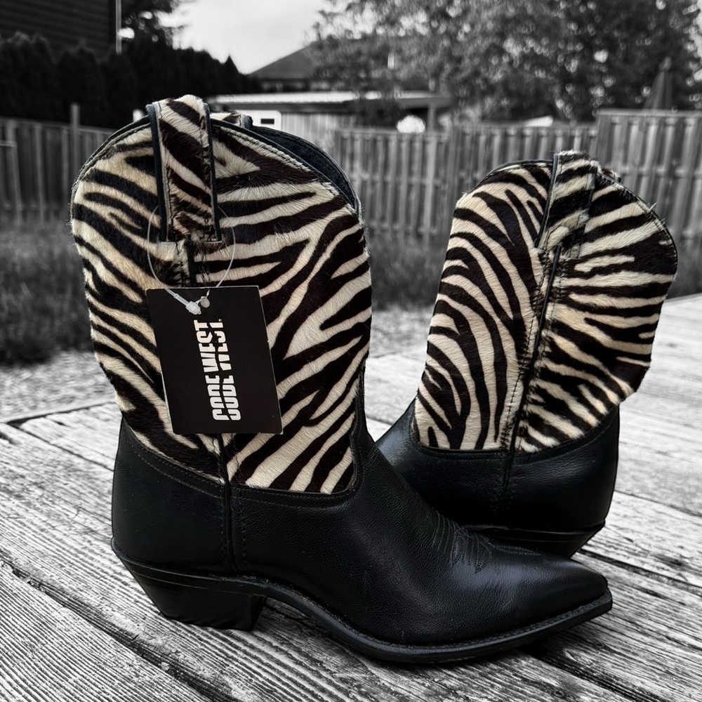 Vintage Code West Cowboy Boots Leather and Hair on Hide with Zebra Print NWT